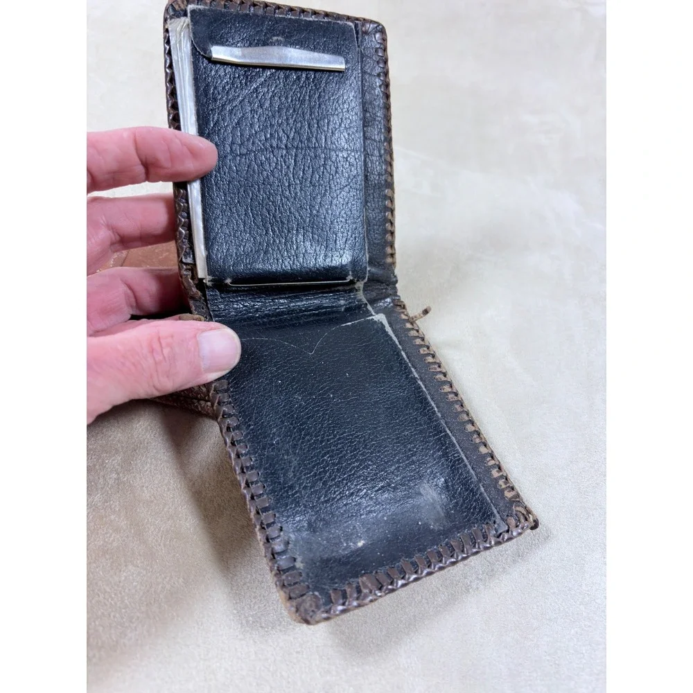 Vintage Hand Tooled Leather Wallet Set Mens Floral Western Bifold Whipstitch 2pc